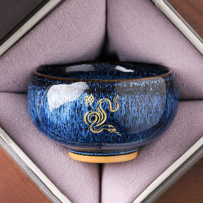Ceramic Horse Zodiac Cup – Coiled gold snake on blue crystalline glaze in satin box, intuitive