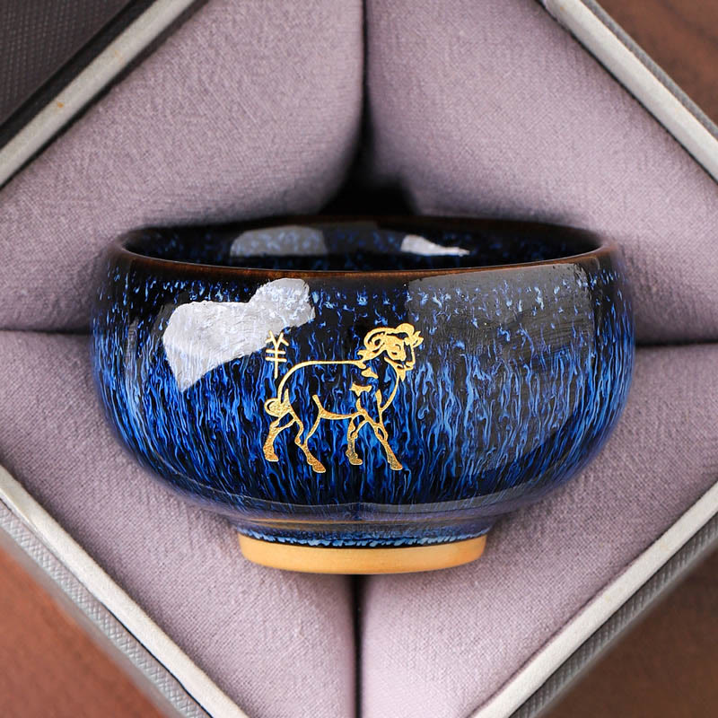 Ceramic Horse Zodiac Cup – Gold ram on blue variegated glaze, traditional craft, calm