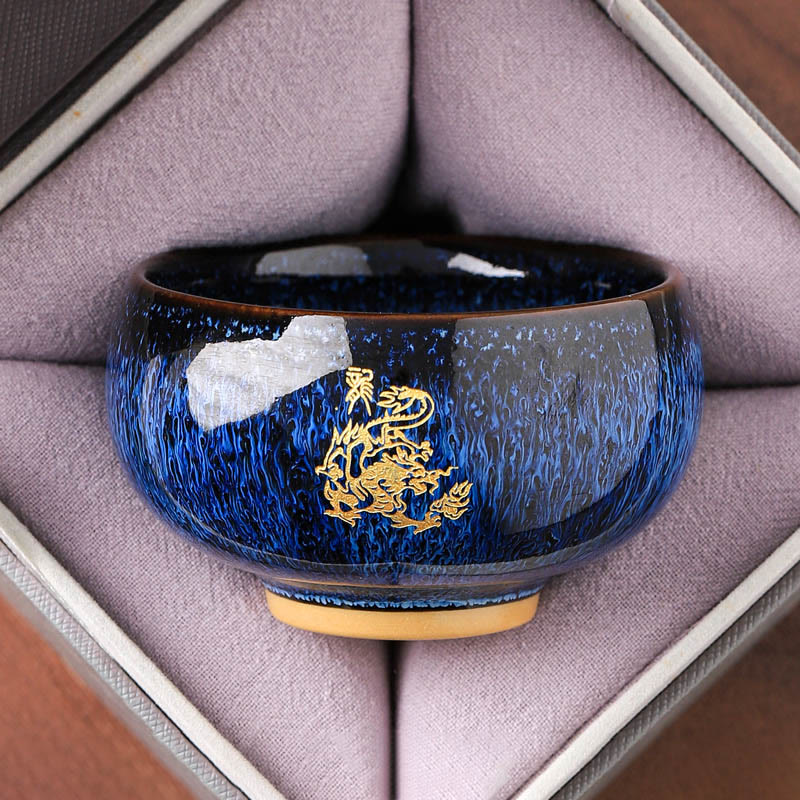 Ceramic Horse Zodiac Cup – Gold dragon with character on blue tenmoku glaze, imperial