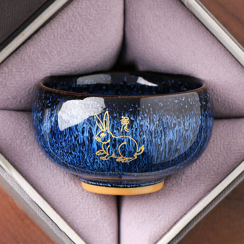 Ceramic Horse Zodiac Cup – Gold rabbit in running pose on blue glaze, graceful