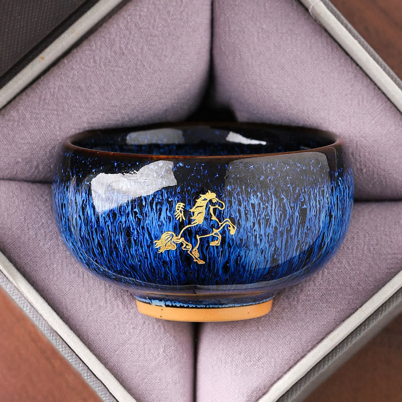 Ceramic Horse Zodiac Cup – Gold rearing horse on deep blue glaze in velvet box, fortunate