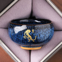 Ceramic Horse Zodiac Cup – Gold tiger mid-stride on cobalt oil-spot glaze, fearless