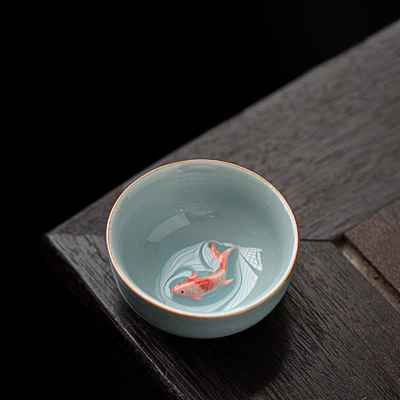 Hand Painted Koi Fish Ceramic Teacup – single cup with koi and crackle glaze on weathered wood, 50ml