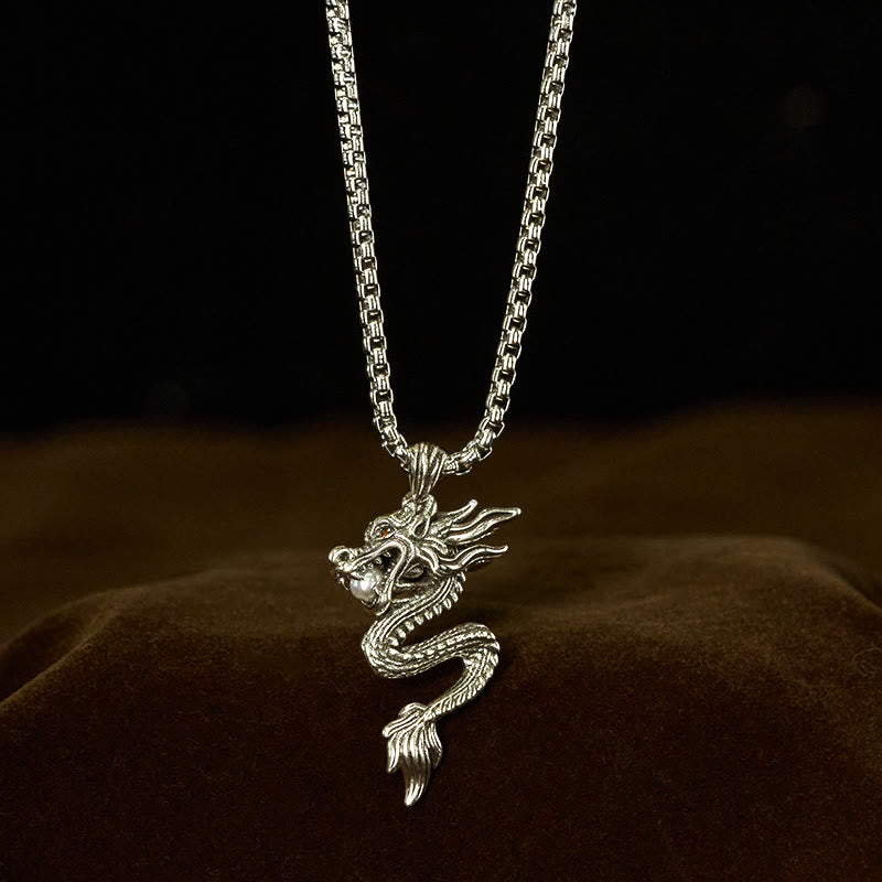 Copper Dragon Necklace – Dragon pendant on box chain, dark brown backdrop, bold