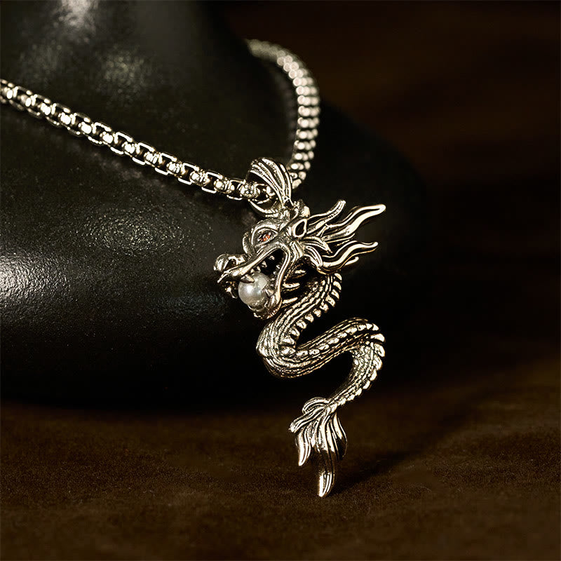 Copper Dragon Necklace – Dragon clutching pearl with red eye on box chain, mysterious