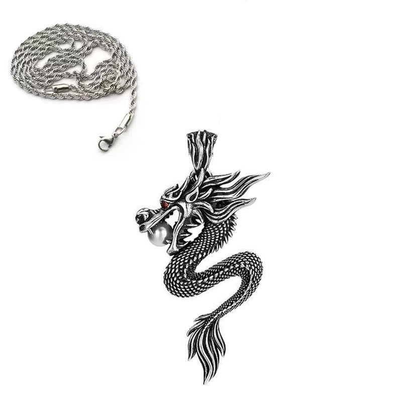 Copper Dragon Necklace – Pendant and wheat chain separated on white, red gemstone eyes, detailed
