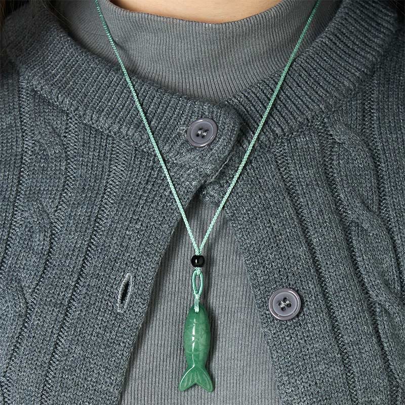 Koi Fish Crystal Necklace Pendant – green koi pendant worn over gray knit sweater, Indian agate necklace