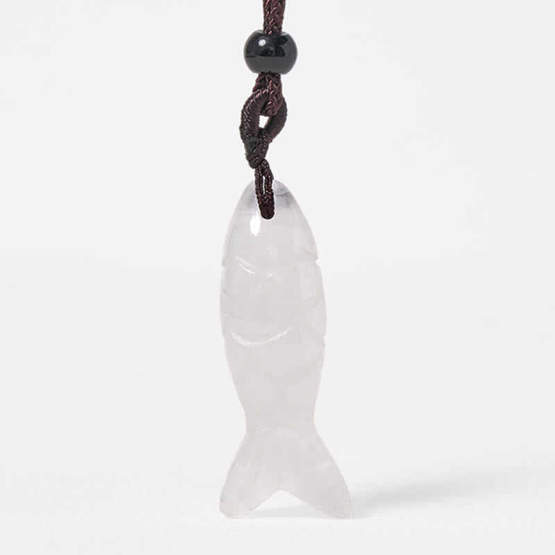 Koi Fish Crystal Necklace Pendant – pale pink crystal koi on pure white vertical, rose quartz pendant