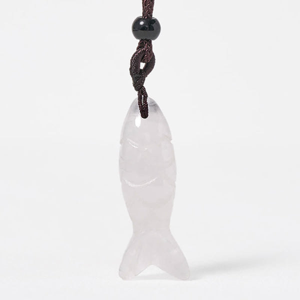 Koi Fish Crystal Necklace Pendant – pale pink crystal koi on pure white vertical, rose quartz pendant