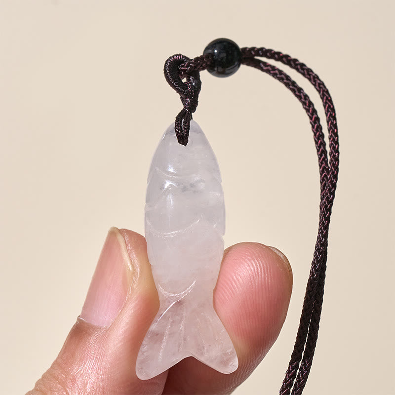 Koi Fish Crystal Necklace Pendant – green Indian agate pendant on white three-quarter angle, carved fish