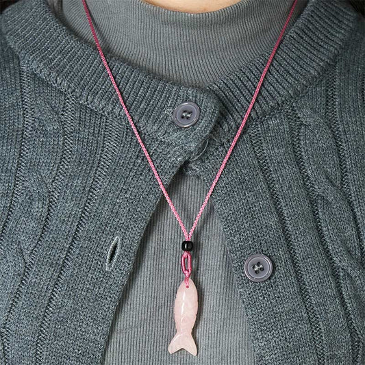 Koi Fish Crystal Necklace Pendant – rose quartz koi fish on pure white frontal view, pink crystal pendant