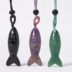 Koi Fish Crystal Necklace Pendant – three stone variants black amethyst green on white, healing crystal jewelry
