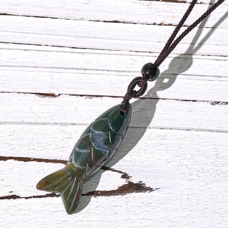 Koi Fish Crystal Necklace Pendant – green Indian agate koi on weathered white wood, natural stone pendant
