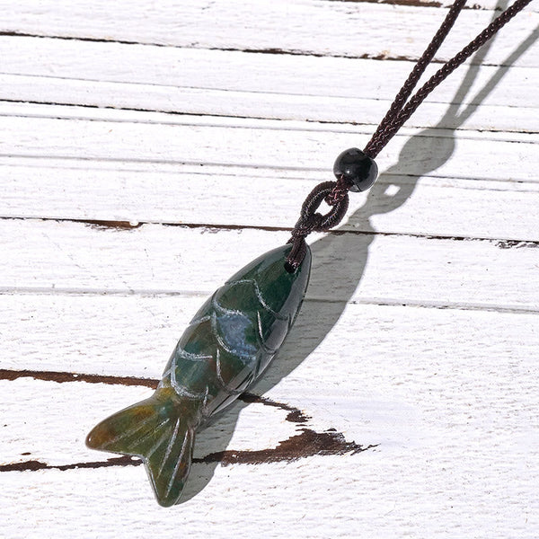 Koi Fish Crystal Necklace Pendant – green Indian agate koi on weathered white wood, natural stone pendant