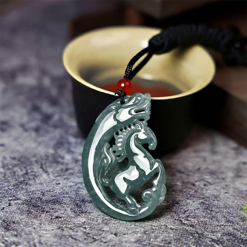 Jade Dragon Horse Necklace – carved blue-green jade dragon-horse openwork pendant, Prosperity