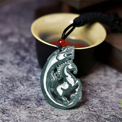 Jade Dragon Horse Necklace – carved blue-green jade dragon-horse openwork pendant, Prosperity