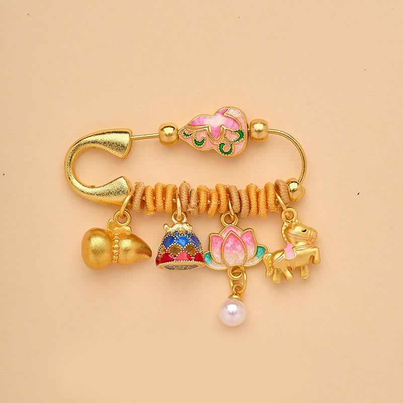 Year of the Horse Fu Character Peace Buckle Lotus Brooch – Enamel gourd, bell, lotus pearl drop, horse, Fortunate