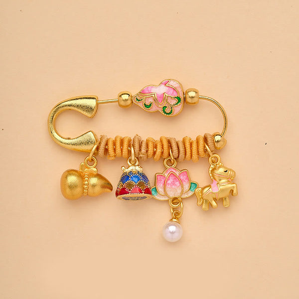 Year of the Horse Fu Character Peace Buckle Lotus Brooch – Enamel gourd, bell, lotus pearl drop, horse, Fortunate