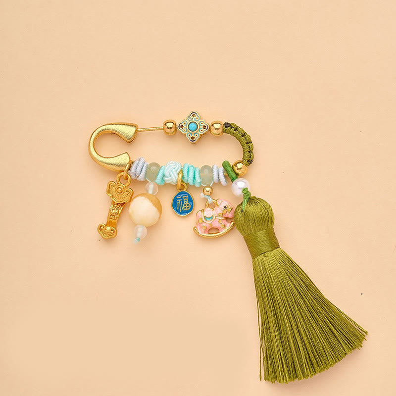 Year of the Horse Fu Character Peace Buckle Lotus Brooch – Ruyi scepter, fu pendant, horse charm, green tassel, Blessed