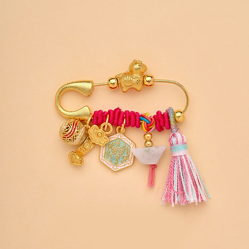 Year of the Horse Fu Character Peace Buckle Lotus Brooch – Tiger charm, red cord, jade ingot, pink tassel, Protective