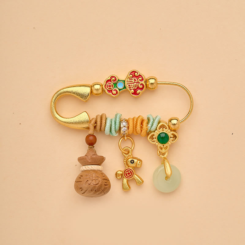 Year of the Horse Fu Character Peace Buckle Lotus Brooch – Fu ji enamel, wood money bag, horse, jade disc, Wealthy