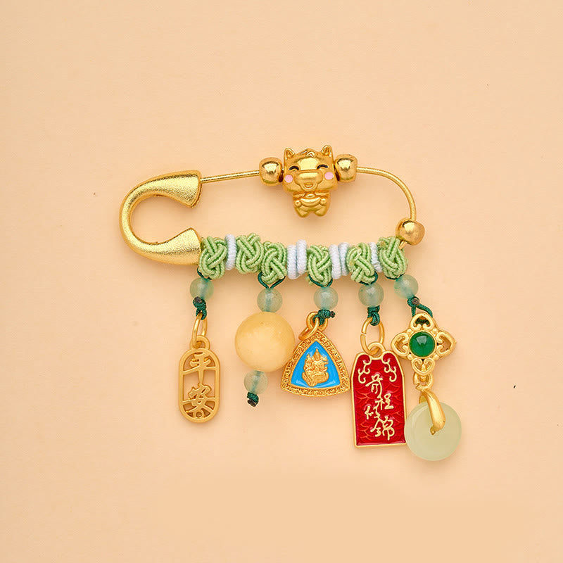 Year of the Horse Fu Character Peace Buckle Lotus Brooch – Ox charm, green macrame, jade beads, Buddha, Hopeful