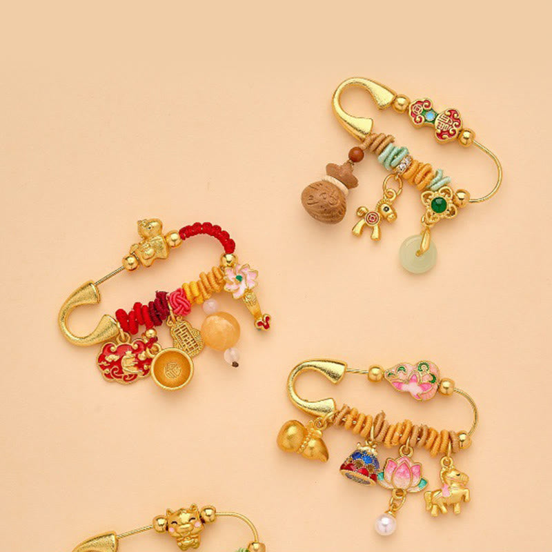 Year of the Horse Fu Character Peace Buckle Lotus Brooch – Four gold blessing pins, enamel charms, jade beads, Auspicious