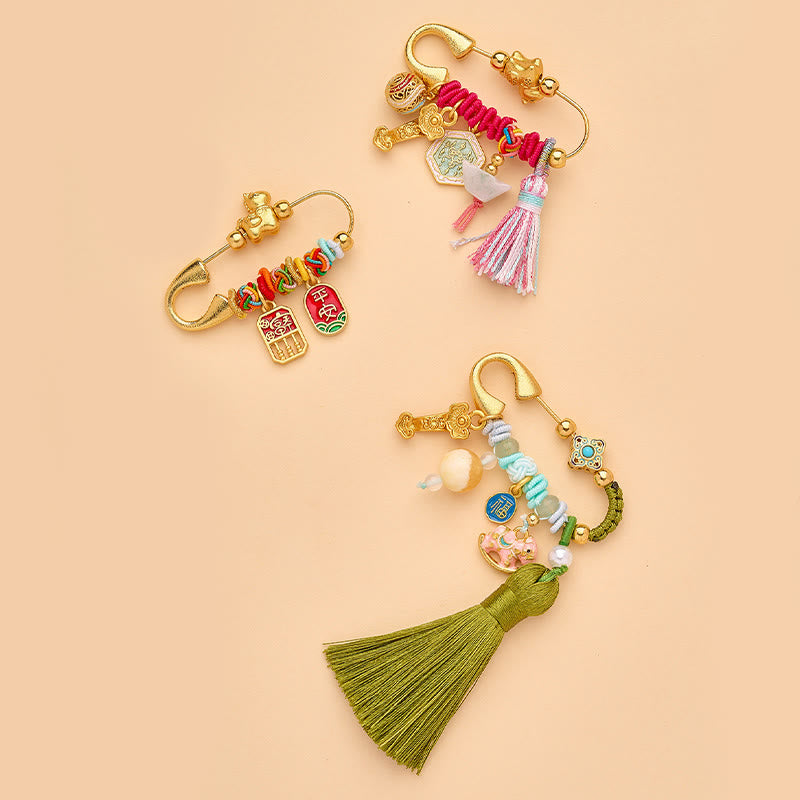 Year of the Horse Fu Character Peace Buckle Lotus Brooch – Three brooches with cat, pig charms, tassels, Joyful