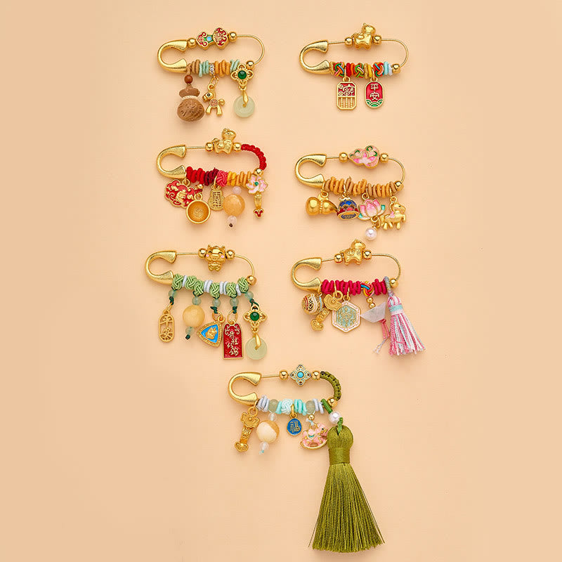 Year of the Horse Fu Character Peace Buckle Lotus Brooch – Seven brooches collection, zodiac charms, tassels, Festive