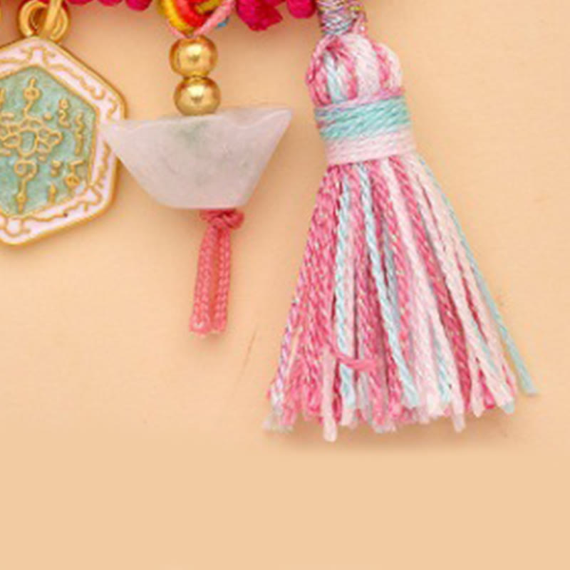 Year of the Horse Fu Character Peace Buckle Lotus Brooch – Jade ingot, gold talisman, pastel tassel detail, Prosperous