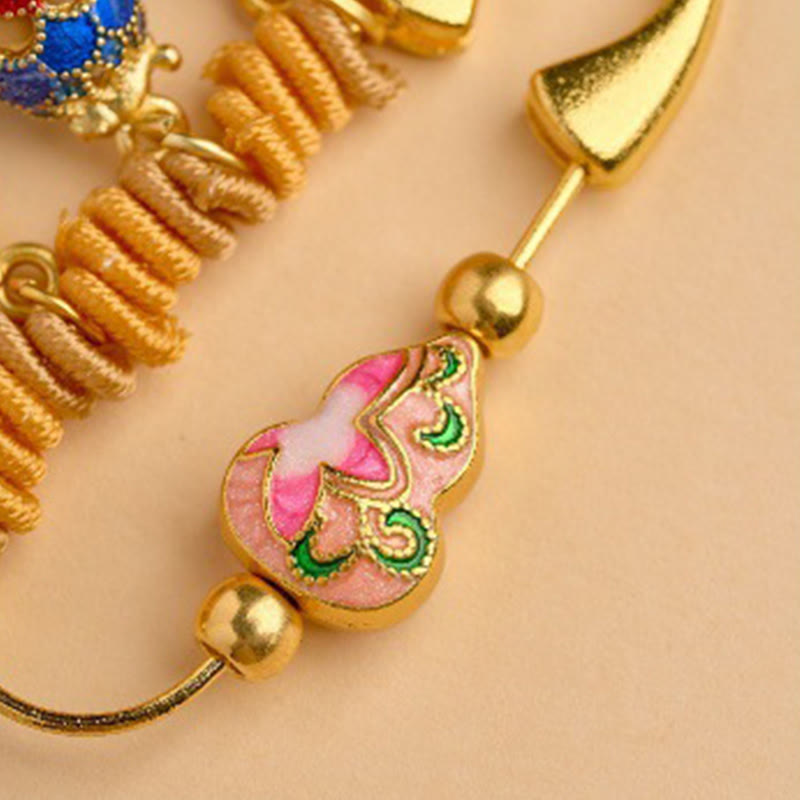 Year of the Horse Fu Character Peace Buckle Lotus Brooch – Pink green cloisonne gourd charm macro, Artisan