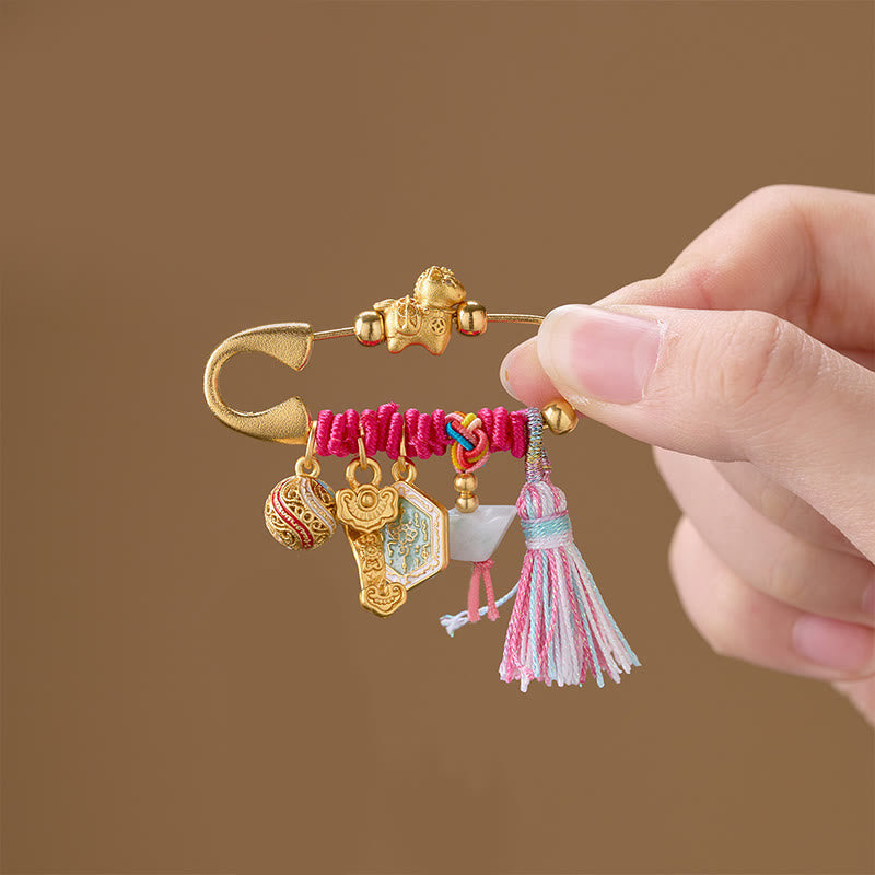 Year of the Horse Fu Character Peace Buckle Lotus Brooch – Hand held tiger brooch, fuchsia cord, tassel, Auspicious