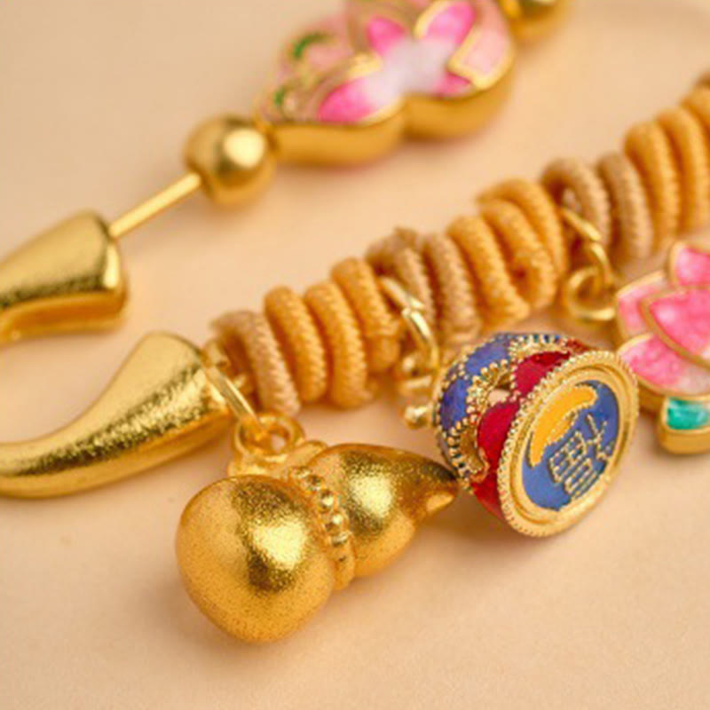 Year of the Horse Fu Character Peace Buckle Lotus Brooch – Gold fortune bracelet, gourd, fu medallion, lotus, Charmed