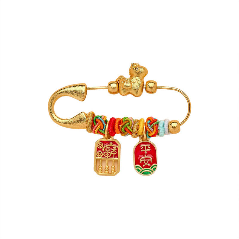 Year of the Horse Fu Character Peace Buckle Lotus Brooch – White bg, rainbow Chinese knots, dual charms, Lucky