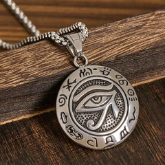 Titanium Steel Necklace – Silver Eye of Horus pendant with hieroglyphs on dark wood, men's amulet