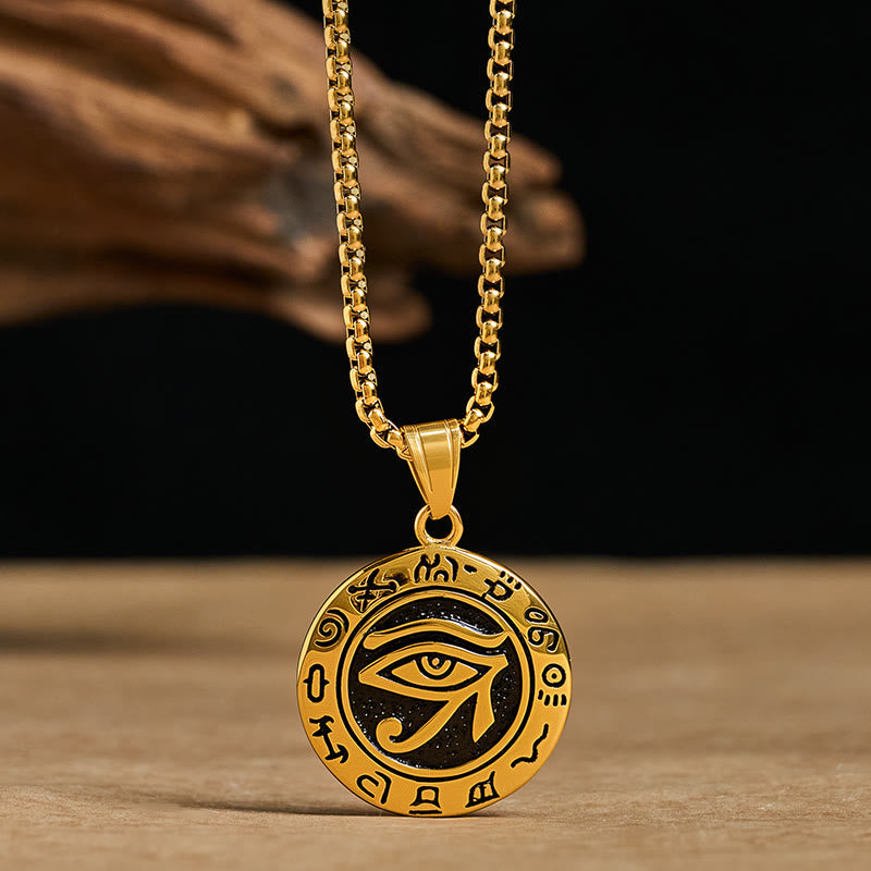 Gold Titanium Necklace – Gold evil eye medallion with black inlay on tan wood, box chain