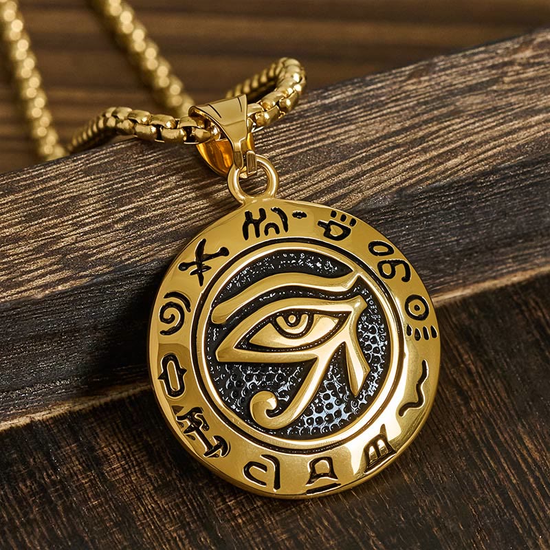 Gold Titanium Necklace – Gold PVD Eye of Horus with hieroglyphs on walnut wood, men's pendant