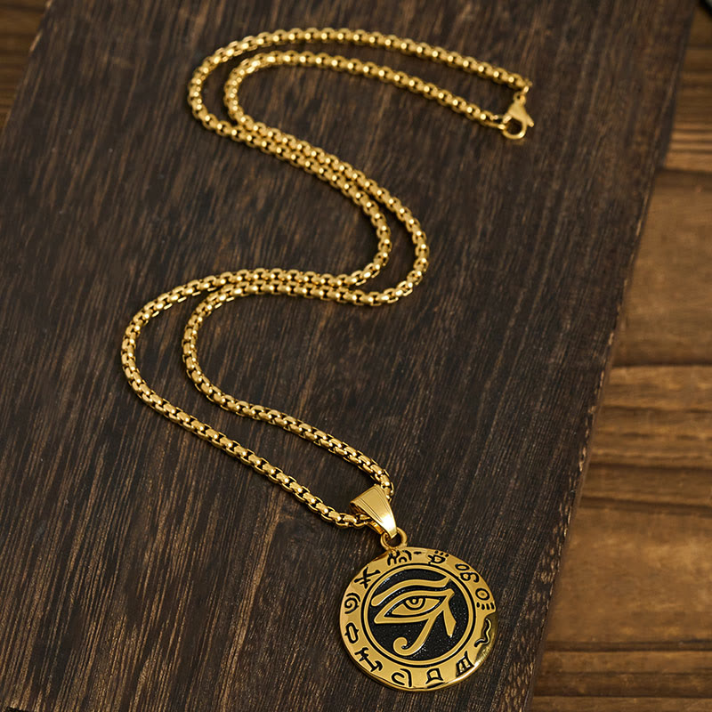 Gold Titanium Necklace – Gold PVD Eye of Horus on box chain S-curve, dark wood, lobster clasp