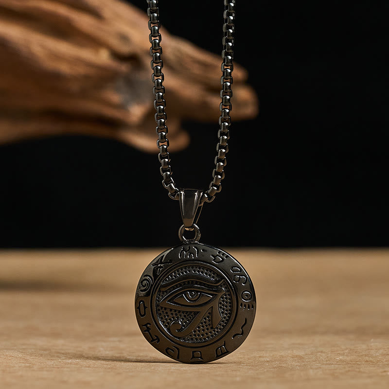 Black Titanium Necklace – Black titanium steel evil eye pendant on tan wood, box chain detail