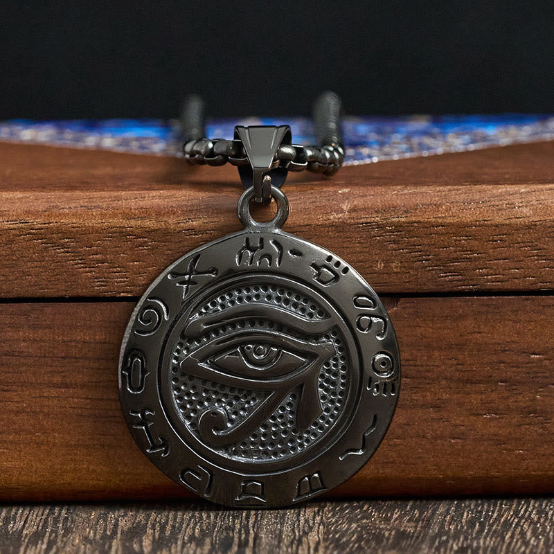 Black Titanium Necklace – Black gunmetal Eye of Horus on wooden beam, hieroglyphic border detail