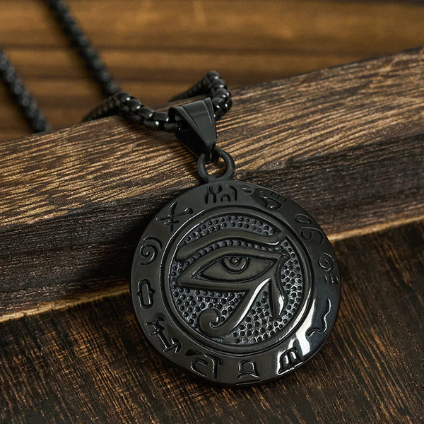Black Titanium Necklace – Black PVD Eye of Horus with hieroglyphs on dark wood, gunmetal chain
