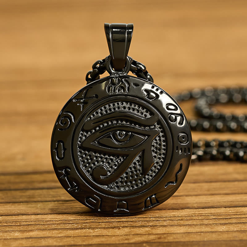 Black Titanium Necklace – Matte black Eye of Horus medallion with stippled texture, dark finish chain
