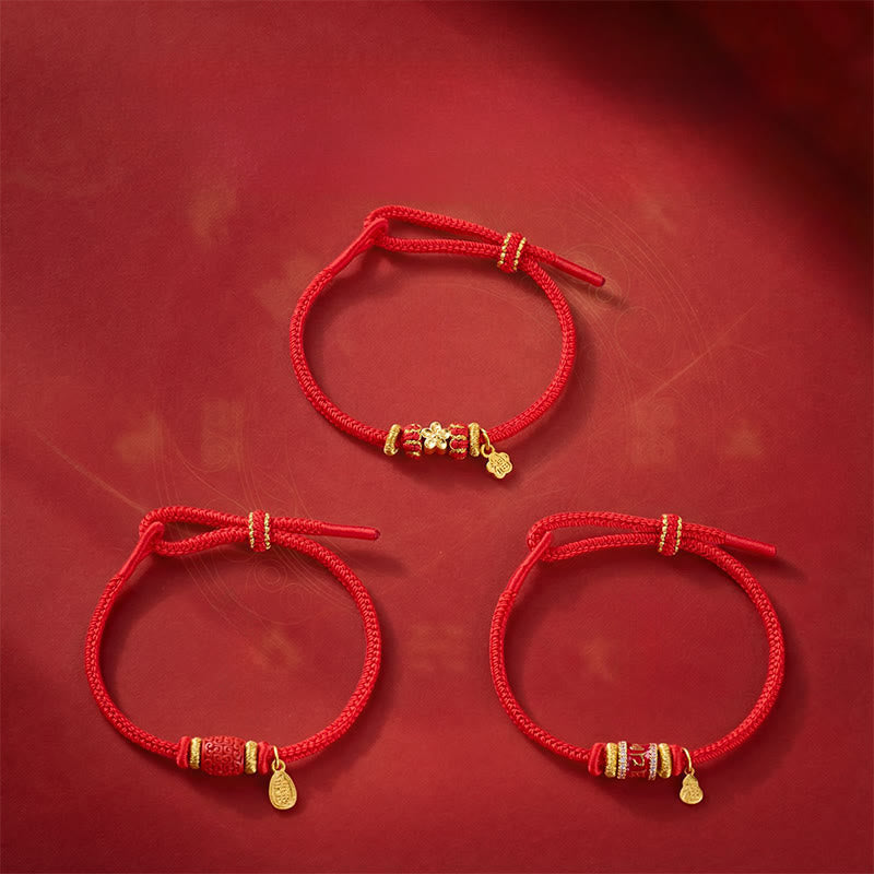 Fu Character Red String Bracelet – three adjustable cord bracelets with gold charms and carved beads, collection overview, red string jewelry