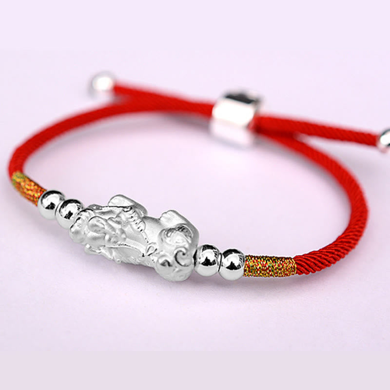 Gold-Plated PiXiu Red String Bracelet – silver PiXiu red bracelet alternate angle, prosperity protection jewelry