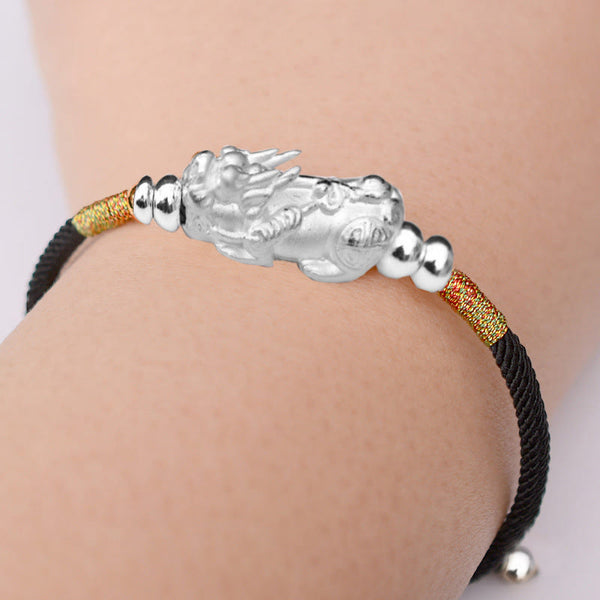Gold-Plated PiXiu Red String Bracelet – silver PiXiu on black cord bracelet worn on wrist, men luck jewelry