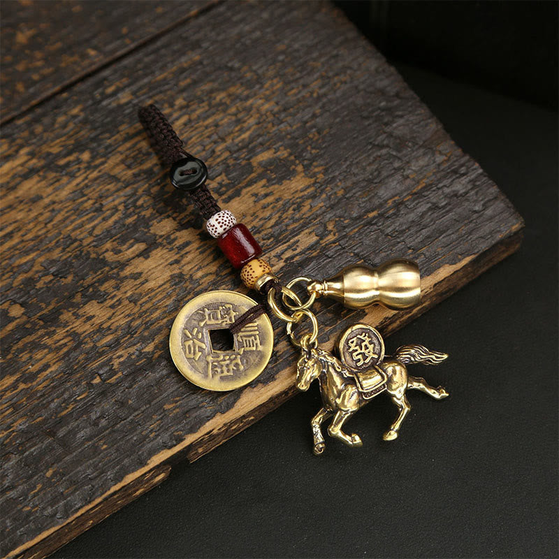 Year of Horse Five Emperor Coins Keychain – brass horse coin gourd wood, copper feng shui