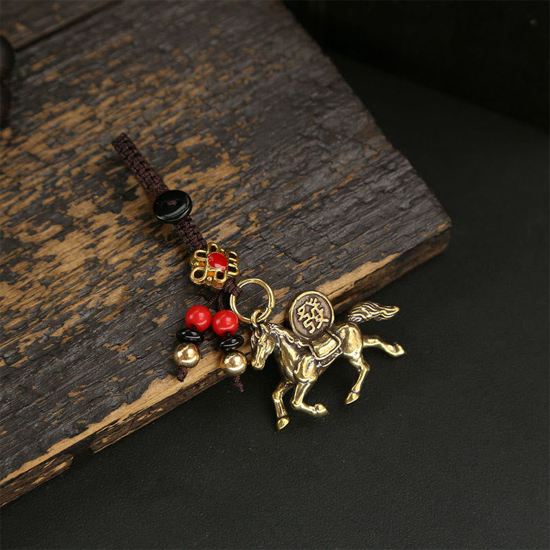 Year of Horse Five Emperor Coins Keychain – horse gold lotus decor, red bead keychain