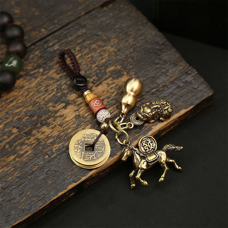 Year of Horse Five Emperor Coins Keychain – horse coin beads variant, brass lucky charm