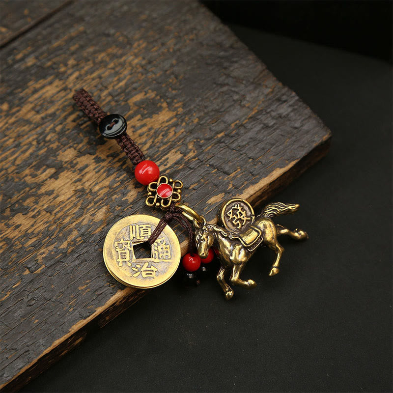 Year of Horse Five Emperor Coins Keychain – horse flower coin beads, ornate brass design