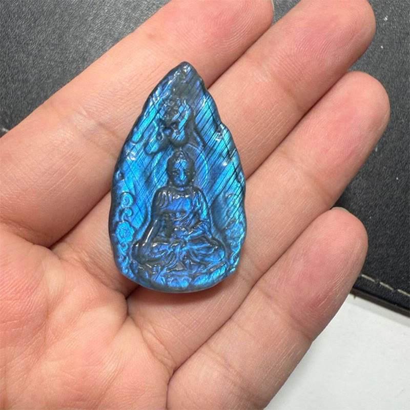 Natural Labradorite Buddha Teardrop Figurine Healing Crystal Decor – beside white sage bundle, cleansing energy crystal